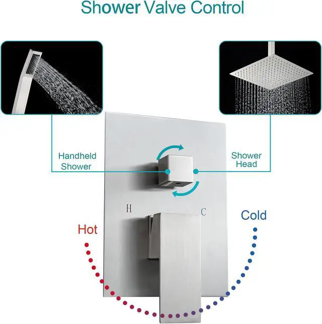 Alt view image 3 of 7 - Dual Ceiling Mounted Shower Combo 10''High Pressure Shower Head and Handheld Shower with  Brass Rough-In Valve,Brushed Nickel
