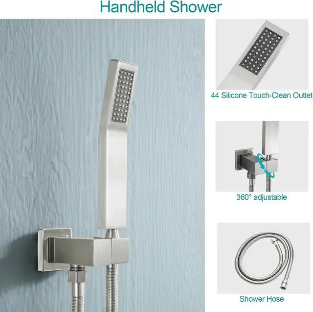 Alt view image 5 of 7 - Dual Ceiling Mounted Shower Combo 10''High Pressure Shower Head and Handheld Shower with  Brass Rough-In Valve,Brushed Nickel
