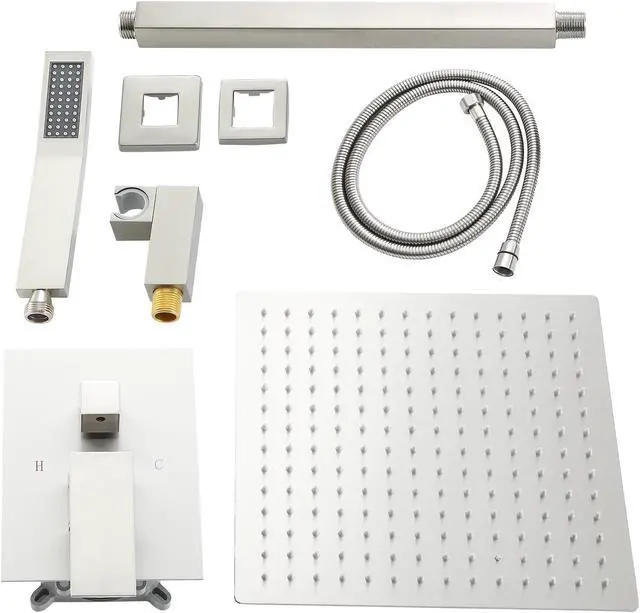 Alt view image 6 of 7 - Dual Ceiling Mounted Shower Combo 10''High Pressure Shower Head and Handheld Shower with  Brass Rough-In Valve,Brushed Nickel