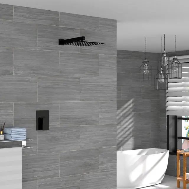 Alt view image 2 of 7 - Matte Black Wall Mounted Shower Faucet System,10'' Single Function Bathroom Shower Head Set with Rough-in Brass Valve