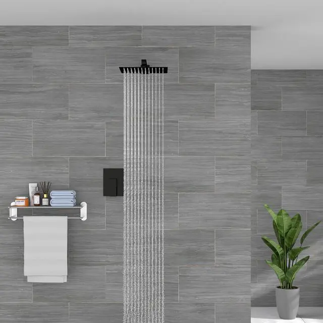 Alt view image 3 of 7 - Matte Black Wall Mounted Shower Faucet System,10'' Single Function Bathroom Shower Head Set with Rough-in Brass Valve