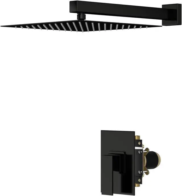 Main image of Matte Black Wall Mounted Shower Faucet System,10'' Single Function Bathroom Shower Head Set with Rough-in Brass Valve