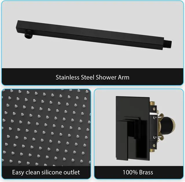 Alt view image 5 of 7 - Matte Black Wall Mounted Shower Faucet System,10'' Single Function Bathroom Shower Head Set with Rough-in Brass Valve