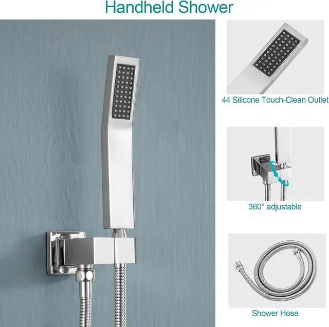 Alt view image 5 of 7 - Chrome Shower System,Shower Faucet Set with 10'' Rain Shower Head and 8'' Handheld Wall Mounted High Pressure Shower Head Combo with Rough-in Valve