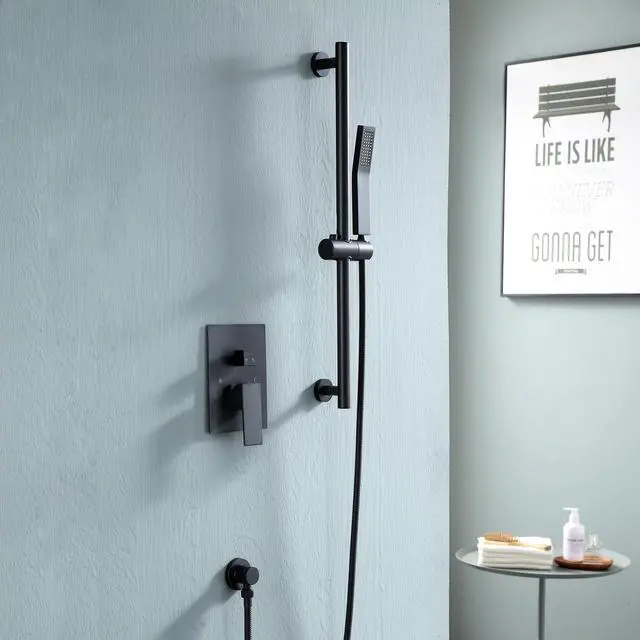 Alt view image 2 of 7 - Matte Black Ceiling Mounted Shower System Bathroom Luxury Rain Shower Combo 16'' High Pressure Shower Head and Handheld with Rough-in Valve and Slide Bar