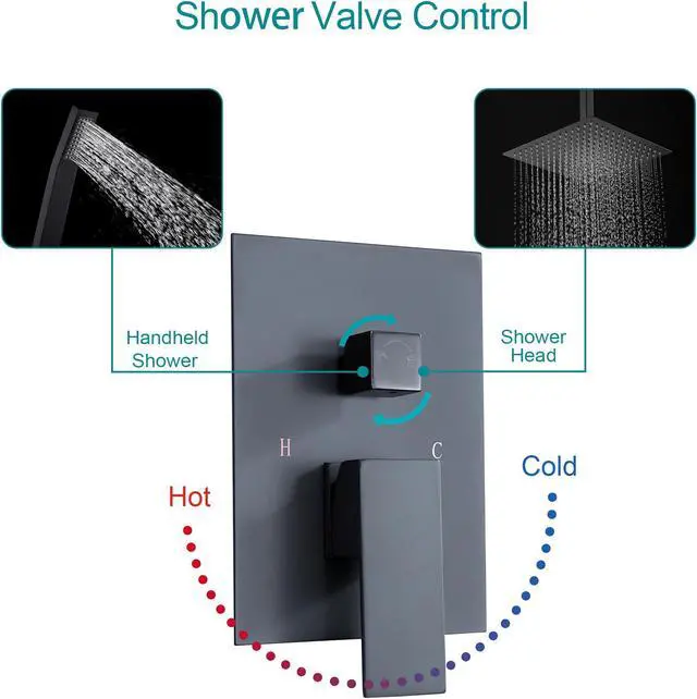 Alt view image 3 of 7 - Matte Black Ceiling Mounted Shower System Bathroom Luxury Rain Shower Combo 16'' High Pressure Shower Head and Handheld with Rough-in Valve and Slide Bar