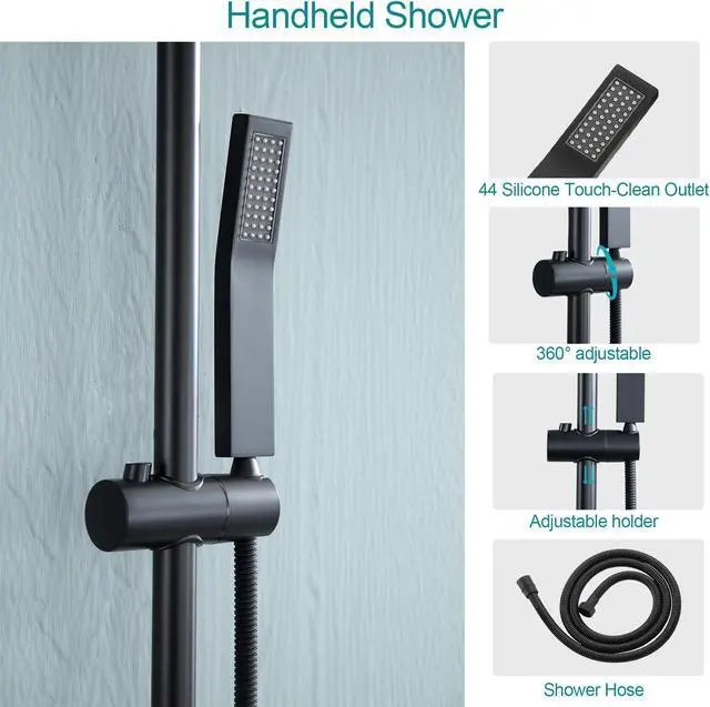 Alt view image 5 of 7 - Matte Black Ceiling Mounted Shower System Bathroom Luxury Rain Shower Combo 16'' High Pressure Shower Head and Handheld with Rough-in Valve and Slide Bar