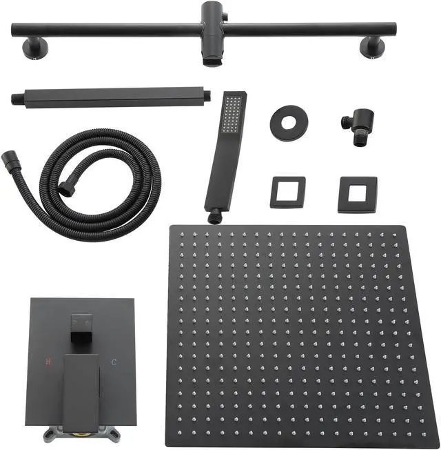 Alt view image 6 of 7 - Matte Black Ceiling Mounted Shower System Bathroom Luxury Rain Shower Combo 16'' High Pressure Shower Head and Handheld with Rough-in Valve and Slide Bar