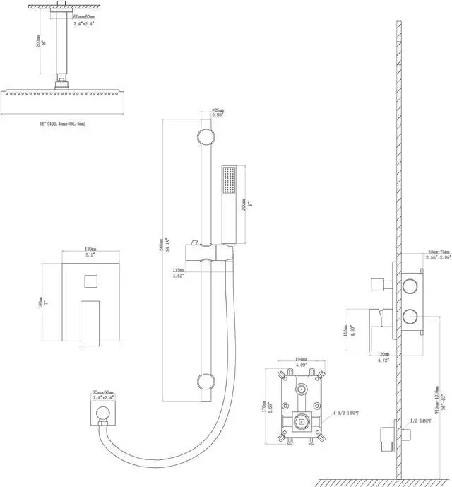 Alt view image 7 of 7 - Matte Black Ceiling Mounted Shower System Bathroom Luxury Rain Shower Combo 16'' High Pressure Shower Head and Handheld with Rough-in Valve and Slide Bar