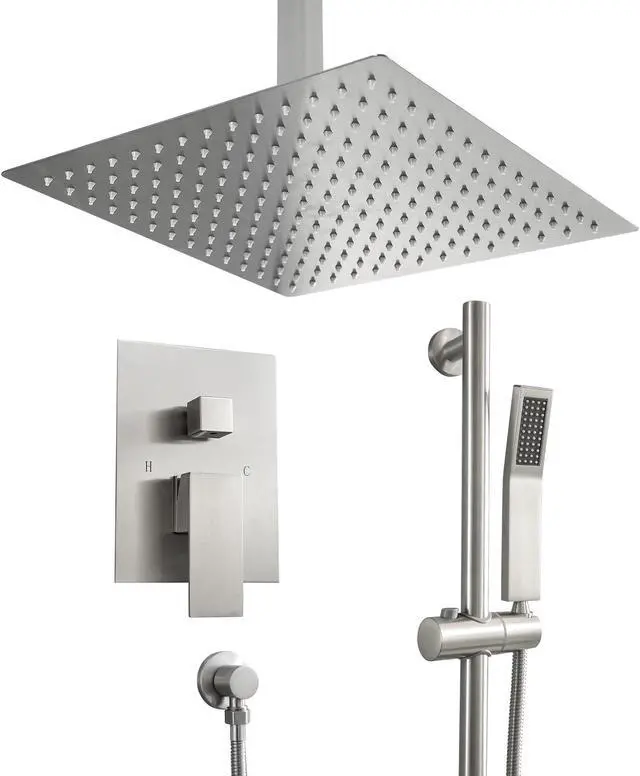 Main image of 16'' Ceiling Mounted Dual Shower Combo Bathroom Luxury Rain Shower Head and Handheld High Pressure Shower Set with Rough-in Valve and Slide Bar,Brushed Nickel