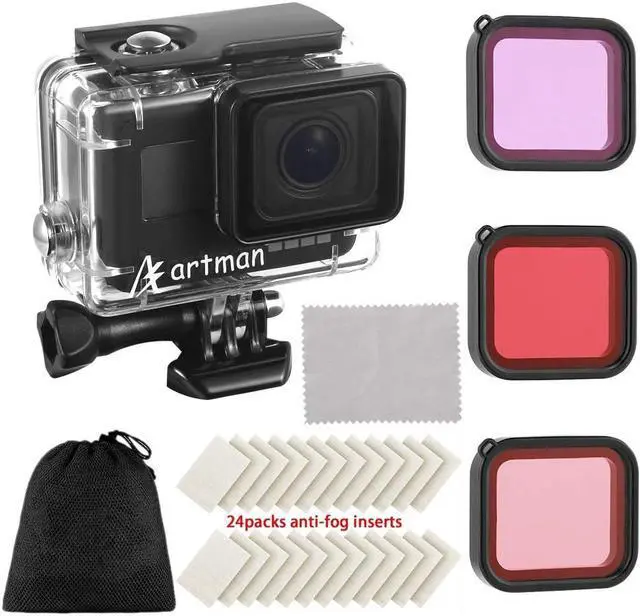 Main image of Artman Housing Case Filter Compatible with GoPro Hero 7 Black,Hero 6 Black,Hero 5 Black and Hero 2018 Waterproof Diving Protective Housing Shell+3 Pack Filter+24 Anti-Fog Insert+Bracket Accessories