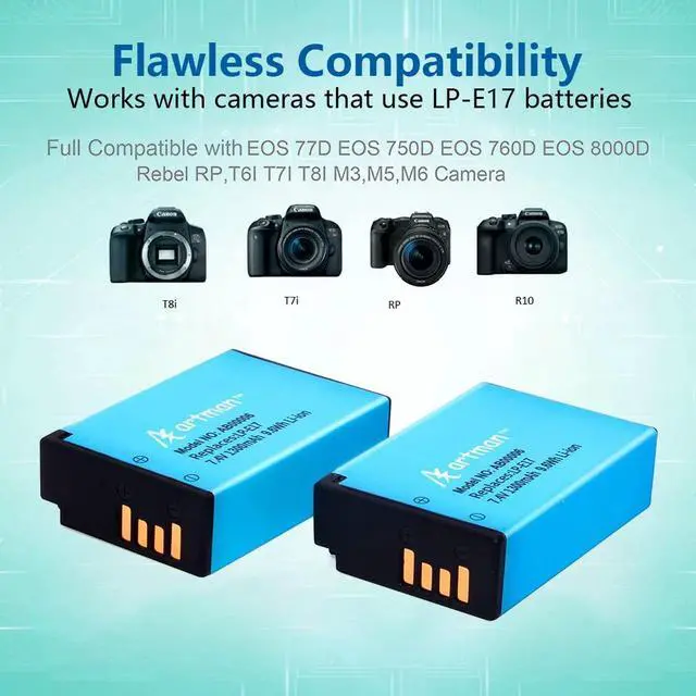 Alt view image 2 of 7 - LP-E17 BatterY 2-Pack And Rapid Dual USB Charger For Canon EOS R50 RP R10 R8,Rebel T8i, T7i, T6i, T6s, SL2, SL3, EOS M3, M5, M6, EOS 200D, 77D, 750D, 760D, 800D, 8000D, Digital SLR Camera Christmas