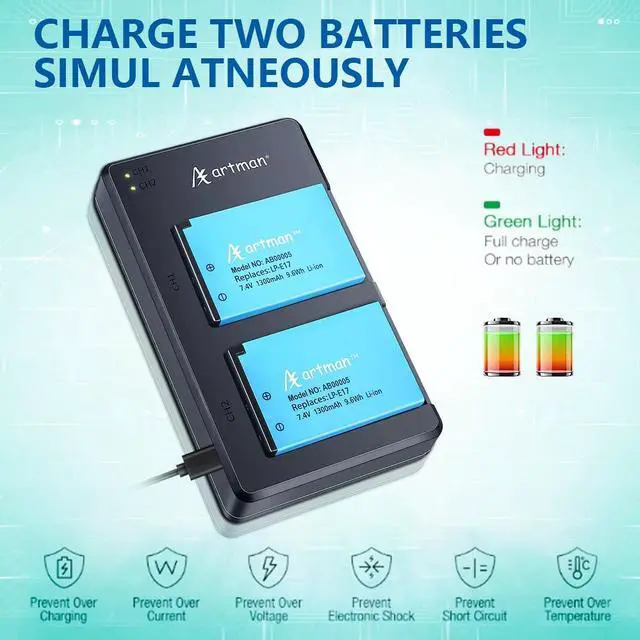 Alt view image 6 of 7 - LP-E17 BatterY 2-Pack And Rapid Dual USB Charger For Canon EOS R50 RP R10 R8,Rebel T8i, T7i, T6i, T6s, SL2, SL3, EOS M3, M5, M6, EOS 200D, 77D, 750D, 760D, 800D, 8000D, Digital SLR Camera Christmas