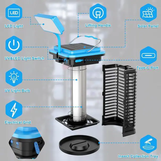 Alt view image 4 of 6 - A Artman Solar Bug Zapper with LED Light for Outdoor, 4000mAh Battery Powered Mosquito Zapper, Mosquito Traps, Cordless Mosquito Killer, Electric Moth Zapper for Patio Backyard, Rechargeable, Blue
