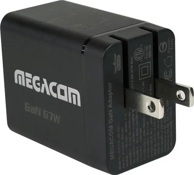 Main image of Megacom ME-1011 Foldable Gan Wall Charger 67W  USB-C*2+USB-A*1 fast wall charger compatible with smartphones, tablets, and all USB Type-C devices