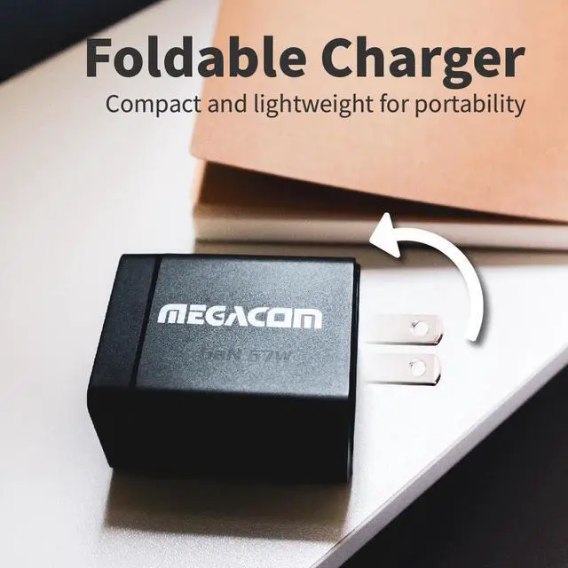 Alt view image 2 of 7 - Megacom ME-1011 Foldable Gan Wall Charger 67W  USB-C*2+USB-A*1 fast wall charger compatible with smartphones, tablets, and all USB Type-C devices