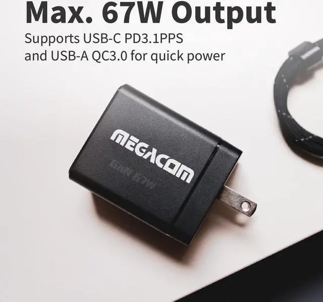 Alt view image 5 of 7 - Megacom ME-1011 Foldable Gan Wall Charger 67W  USB-C*2+USB-A*1 fast wall charger compatible with smartphones, tablets, and all USB Type-C devices