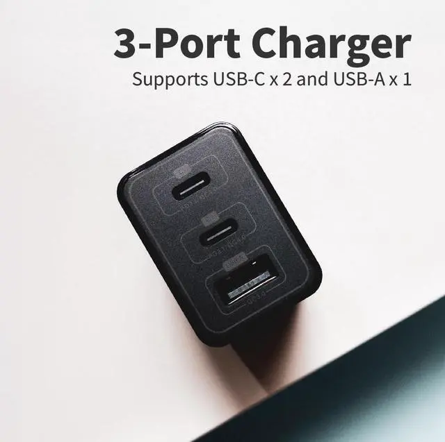 Alt view image 3 of 7 - Megacom ME-1011 Foldable Gan Wall Charger 67W  USB-C*2+USB-A*1 fast wall charger compatible with smartphones, tablets, and all USB Type-C devices