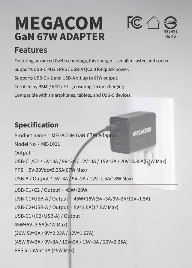 Alt view image 7 of 7 - Megacom ME-1011 Foldable Gan Wall Charger 67W  USB-C*2+USB-A*1 fast wall charger compatible with smartphones, tablets, and all USB Type-C devices