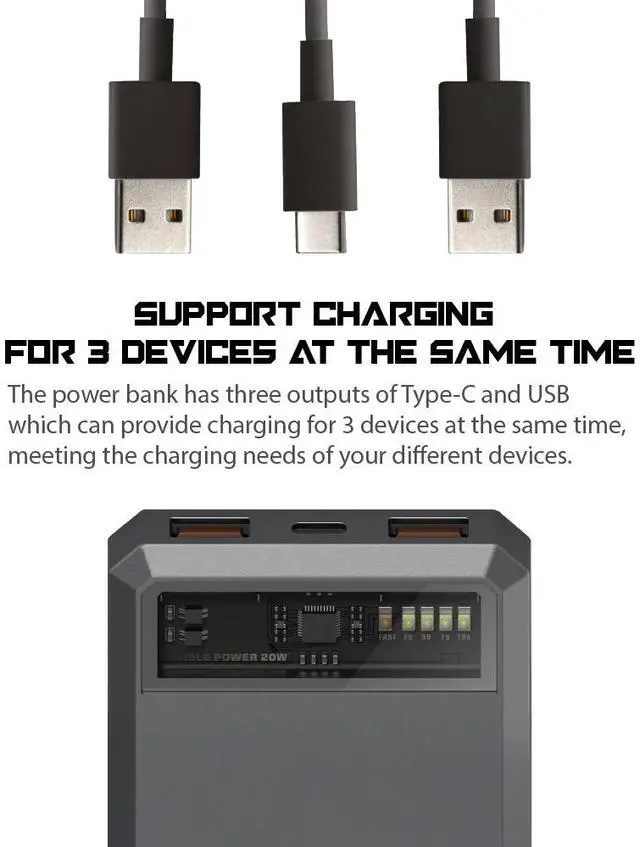 Alt view image 3 of 7 - Megacom Power Bank 10000mAh/37Wh Fast Charging with Type-C in/output 20W & USB-A output x 2 , LED Indicate Capacity (Model:ME-1033)
