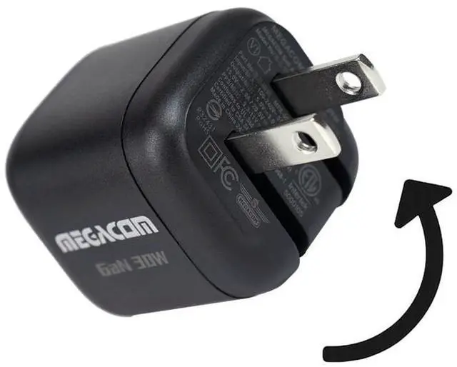Main image of Megacom Gan Charger 30W USB-CX1 Power Adapter, Foldable PD3.0/PPS/QC3.0 Fast Wall Charger Compatible with Smartphones, Tablets (Black)