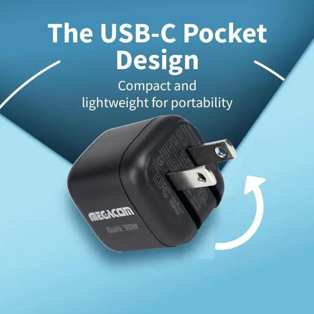 Alt view image 3 of 7 - Megacom Gan Charger 30W USB-CX1 Power Adapter, Foldable PD3.0/PPS/QC3.0 Fast Wall Charger Compatible with Smartphones, Tablets (Black)