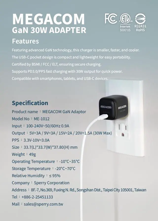 Alt view image 5 of 7 - Megacom Gan Charger 30W USB-CX1 Power Adapter, Foldable PD3.0/PPS/QC3.0 Fast Wall Charger Compatible with Smartphones, Tablets (Black)