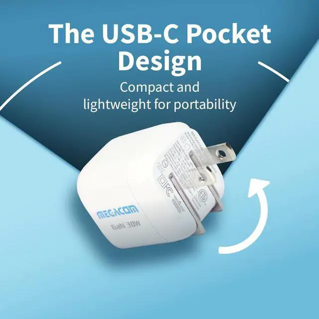 Alt view image 3 of 7 - Megacom Gan Charger 30W USB-CX1 Power Adapter, Foldable PD3.0/PPS/QC3.0 Fast Wall Charger Compatible with Smartphones, Tablets, and All USB Type-C Devices (White)
