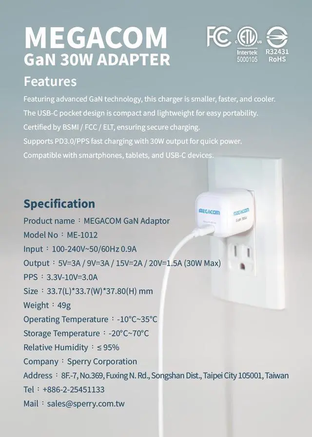 Alt view image 5 of 7 - Megacom Gan Charger 30W USB-CX1 Power Adapter, Foldable PD3.0/PPS/QC3.0 Fast Wall Charger Compatible with Smartphones, Tablets, and All USB Type-C Devices (White)