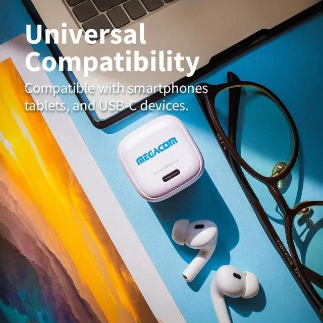 Alt view image 6 of 7 - Megacom Gan Charger 30W USB-CX1 Power Adapter, Foldable PD3.0/PPS/QC3.0 Fast Wall Charger Compatible with Smartphones, Tablets, and All USB Type-C Devices (White)