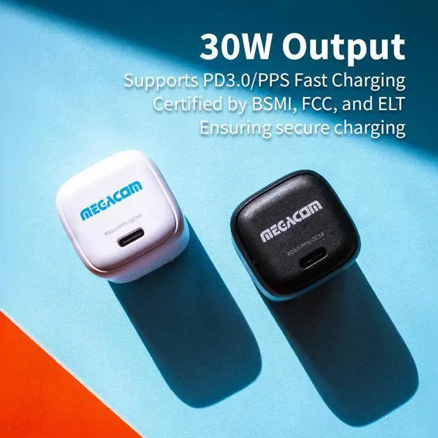 Alt view image 7 of 7 - Megacom Gan Charger 30W USB-CX1 Power Adapter, Foldable PD3.0/PPS/QC3.0 Fast Wall Charger Compatible with Smartphones, Tablets, and All USB Type-C Devices (White)