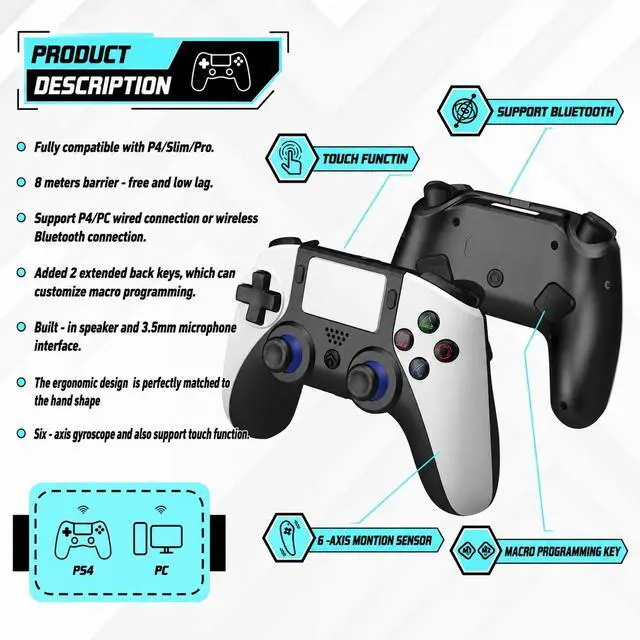 Alt view image 2 of 7 - MEGACOM PS4 Wireless Controller - PS4 Gamepad with 2 Remap Keys, Rechargeable Battery, 3.5mm Audio Jack, Speaker, Multi-touch Pad, Dual Vibration - Compatible with PlayStation 4/PS4 Pro/PS4 Slim & PC