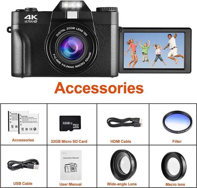 Alt view image 7 of 7 - 4K Digital Cameras for Photography,48MP Vlogging Camera for YouTube with 180° Flip Screen,with WiFi Connection,16X Digital Zoom,Wide-Angle Lens,Macro Lens,32GB Micro Card,2 Batteries(Black)