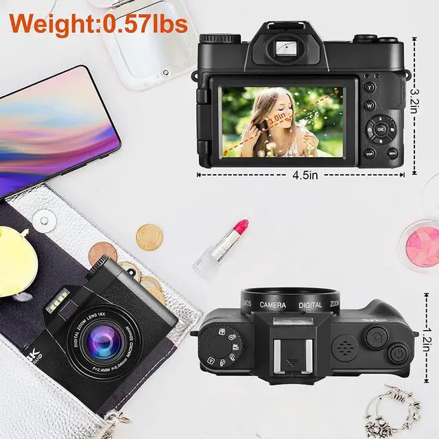 Alt view image 4 of 7 - 4K Digital Cameras for Photography,48MP Vlogging Camera for YouTube with 180° Flip Screen,with WiFi Connection,16X Digital Zoom,Wide-Angle Lens,Macro Lens,32GB Micro Card,2 Batteries(Black)