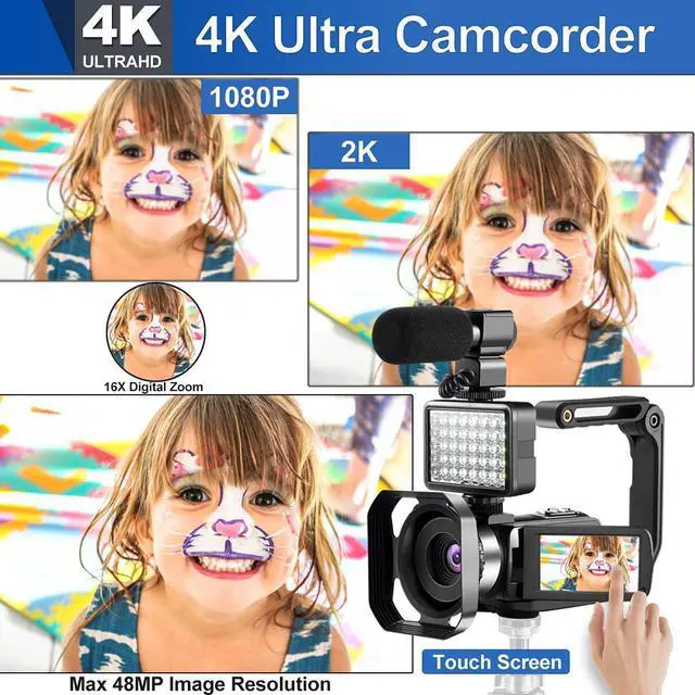 Alt view image 6 of 7 - 4K Camera for YouTube Videos HD Camcorder with LED Light Digital Vlog Camera with 16X Digital Zoom and Night Vision, Video Recorder with Microphone,(Blue,2 Batteries Included)