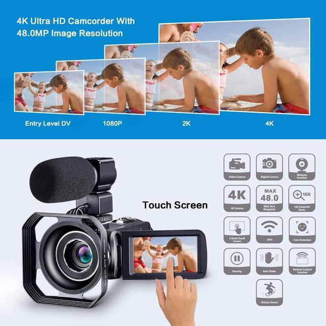 Alt view image 3 of 5 - 4K Camcorder Vlogging Camera for YouTube Ultra HD 4K 48MP Video Camera with Microphone & Remote Control WiFi Digital Camera 3.0" IPS Touch Screen
