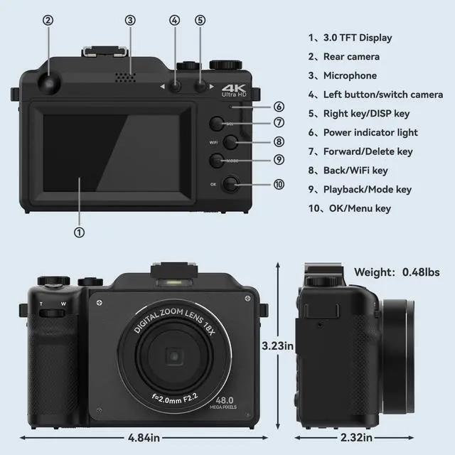 Alt view image 4 of 7 - 48MP Digital Camera for Photography,4K Vlogging Camera with Front and Rear Dual Cameras,18X Digital Zoom,Built-in 7 Color Filters,3.0-inch Screen,32GB TF Card & Rechargeable Battery(Black)