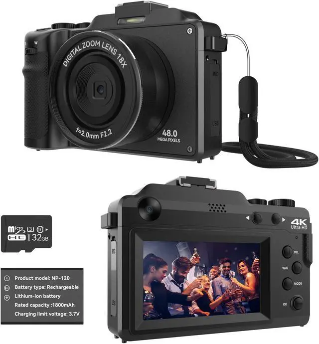 Main image of 48MP Digital Camera for Photography,4K Vlogging Camera with Front and Rear Dual Cameras,18X Digital Zoom,Built-in 7 Color Filters,3.0-inch Screen,32GB TF Card & Rechargeable Battery(Black)