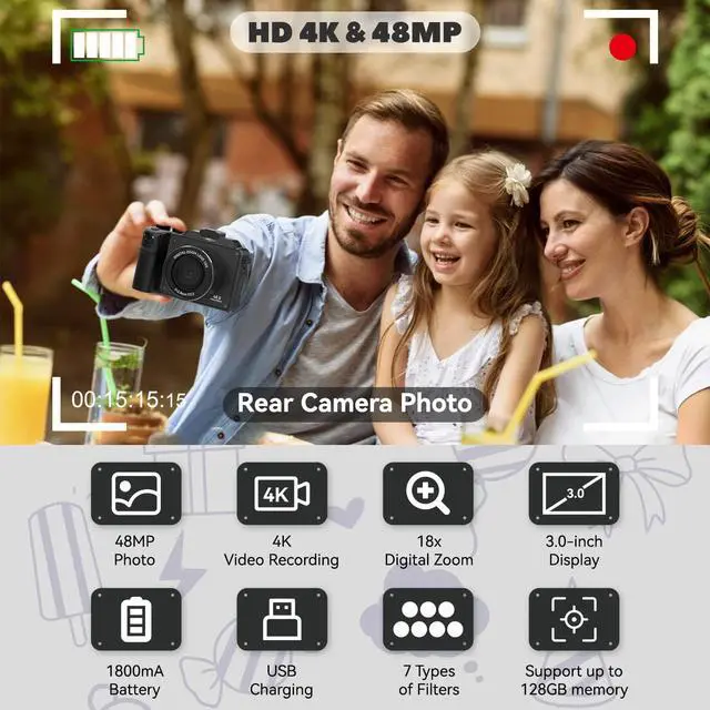 Alt view image 2 of 7 - 48MP Digital Camera for Photography,4K Vlogging Camera with Front and Rear Dual Cameras,18X Digital Zoom,Built-in 7 Color Filters,3.0-inch Screen,32GB TF Card & Rechargeable Battery(Black)