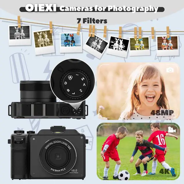 Alt view image 3 of 7 - 48MP Digital Camera for Photography,4K Vlogging Camera with Front and Rear Dual Cameras,18X Digital Zoom,Built-in 7 Color Filters,3.0-inch Screen,32GB TF Card & Rechargeable Battery(Black)