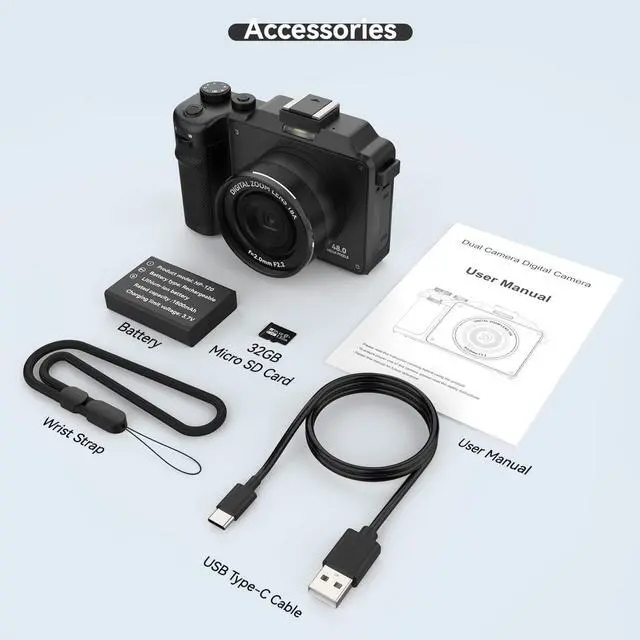 Alt view image 7 of 7 - 48MP Digital Camera for Photography,4K Vlogging Camera with Front and Rear Dual Cameras,18X Digital Zoom,Built-in 7 Color Filters,3.0-inch Screen,32GB TF Card & Rechargeable Battery(Black)