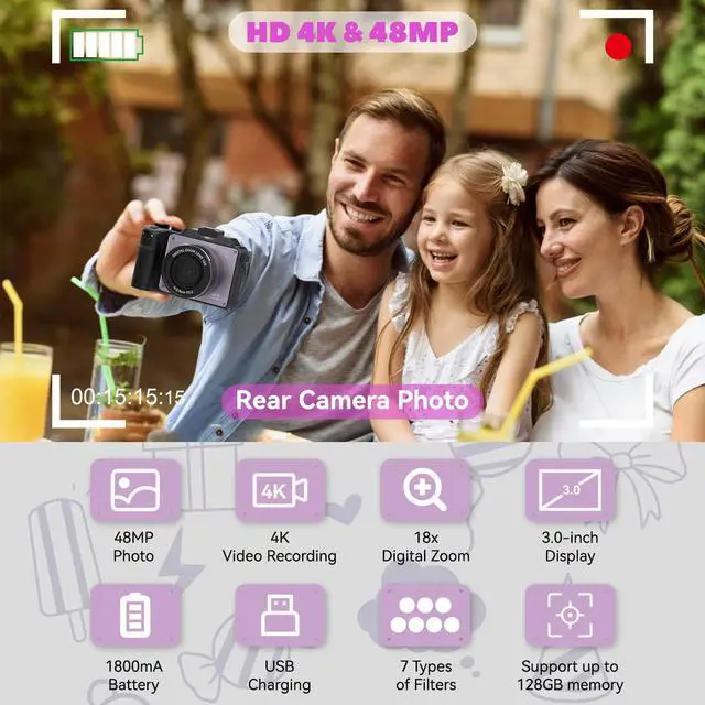 Alt view image 2 of 7 - 48MP Camera for Photography,4K Digital Camera for Kids and Adults with Front and Rear Dual Cameras,18X Digital Zoom,Built-in 7 Color Filters,32GB TF Card,Rechargeable Battery(Lilac Violet)