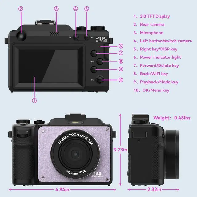 Alt view image 4 of 7 - 48MP Camera for Photography,4K Digital Camera for Kids and Adults with Front and Rear Dual Cameras,18X Digital Zoom,Built-in 7 Color Filters,32GB TF Card,Rechargeable Battery(Lilac Violet)