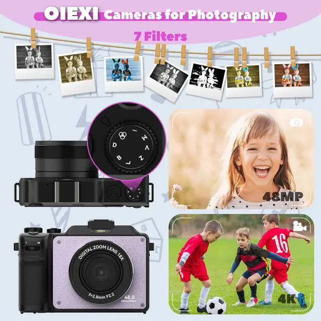 Alt view image 3 of 7 - 48MP Camera for Photography,4K Digital Camera for Kids and Adults with Front and Rear Dual Cameras,18X Digital Zoom,Built-in 7 Color Filters,32GB TF Card,Rechargeable Battery(Lilac Violet)