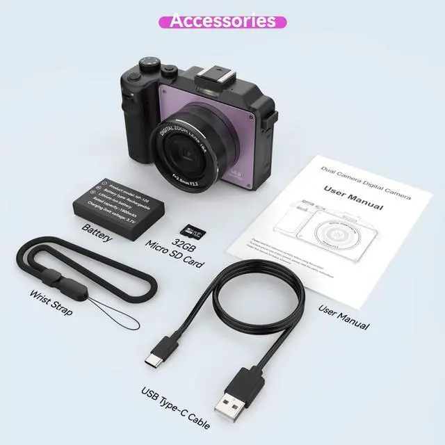 Alt view image 7 of 7 - 48MP Camera for Photography,4K Digital Camera for Kids and Adults with Front and Rear Dual Cameras,18X Digital Zoom,Built-in 7 Color Filters,32GB TF Card,Rechargeable Battery(Lilac Violet)