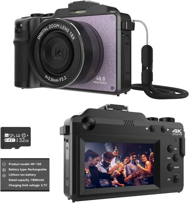 Main image of 48MP Camera for Photography,4K Digital Camera for Kids and Adults with Front and Rear Dual Cameras,18X Digital Zoom,Built-in 7 Color Filters,32GB TF Card,Rechargeable Battery(Lilac Violet)