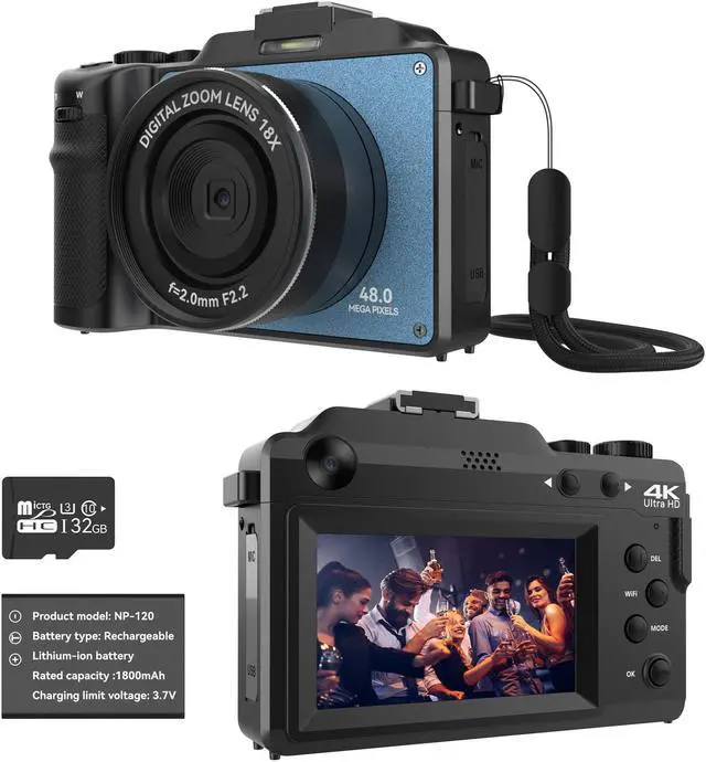 Main image of 48MP Digital Camera for Photography,4K Camera with Front and Rear Dual Cameras,18X Digital Zoom,Built-in 7 Color Filters,3.0-inch Screen,32GB TF Card,Wrist Strap & Rechargeable Battery(Ultramarine)