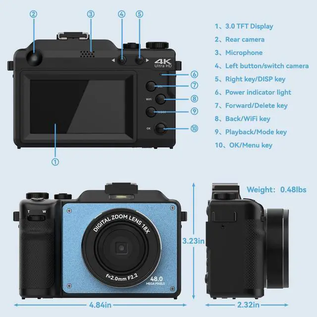 Alt view image 4 of 7 - 48MP Digital Camera for Photography,4K Camera with Front and Rear Dual Cameras,18X Digital Zoom,Built-in 7 Color Filters,3.0-inch Screen,32GB TF Card,Wrist Strap & Rechargeable Battery(Ultramarine)