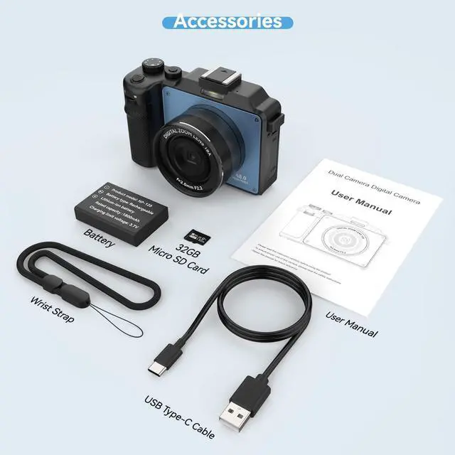 Alt view image 7 of 7 - 48MP Digital Camera for Photography,4K Camera with Front and Rear Dual Cameras,18X Digital Zoom,Built-in 7 Color Filters,3.0-inch Screen,32GB TF Card,Wrist Strap & Rechargeable Battery(Ultramarine)