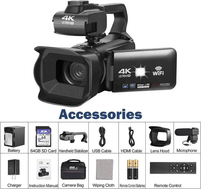 Alt view image 7 of 7 - 4k Video Camera Camcorder with 18X Digital Zoom,64MP Vlogging Camera for YouTube,4.0-inch Rotating Touchscreen,64GB SD Card,Microphone,Remote Control,Durable Battery(Black)